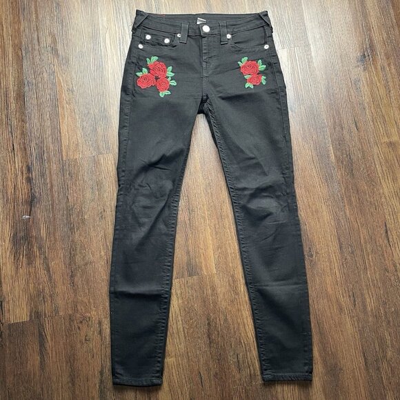True Religion Denim - True Religion Black Super Skinny Rose Embroidered Jeans Womens Size 29x29